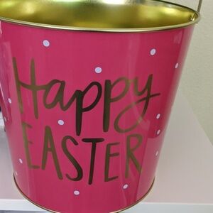 Easter Basket Bucket Pail Metal Pink Gold Polkadot Basket Roomy Egg Hunt Handle